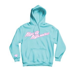 Open image in slideshow, Minority Millionairez Script Hoody - SEA FOAM AQUA w/ WHT 3M &amp; LT PINK
