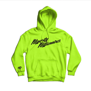 Open image in slideshow, Minority Millionairez Script Hoody - SAFETY YELLOW w/ BLK 3M
