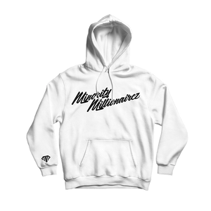 Open image in slideshow, Minority Millionairez Script Hoody - WHITE w/ BLK 3M
